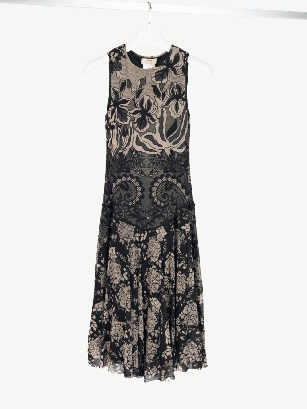 Fuzzi Black Lace-Print Mesh A-Line Midi Dress